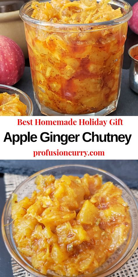 Apple Ginger Chutney is sweet, sour, savory and tangy condiment. This chutney recipe is easy to prepare in under 30 minutes. Pack it in cute mason jar and use it as a homemade gift this holiday season. #relish #apple #chutney #holidaygift Ginger Chutney Recipe, Apple Chutney Recipe, Ginger Chutney, Apple Chutney, Chutney Recipe, Jam And Jelly, Ginger Recipes, Jelly Recipes, Chutney Recipes