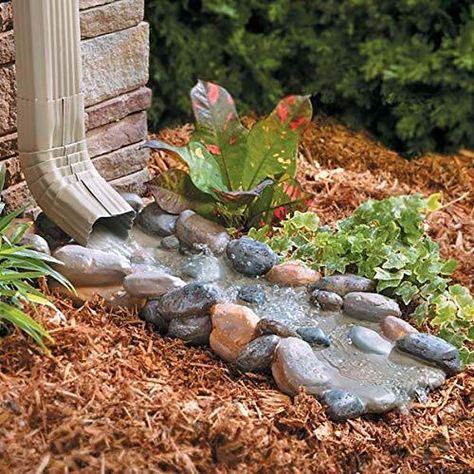 A Small Rocky Stream Downspout Ideas, Decorative Downspouts, Splash Blocks, Unique Garden Art, Rock Garden Landscaping, Home Landscaping, Garden Yard Ideas, Front Yard Landscaping Design, Landscaping With Rocks