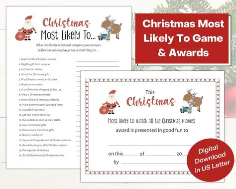 Christmas Most Likely To Game Printable with Awards | Funny Christmas Game | Holiday Game | Adult Christmas Party Game | Office Party Game Christmas Carols Lyrics, Christmas Party Games For Adults, Funny Christmas Games, Family Printables, Office Party Games, Game Office, Adult Christmas Party, Winter Activities For Kids, Office Christmas Party