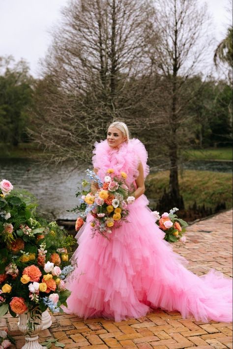 Pink Wedding Dress Tulle, Kitschy Wedding Dress, Pink Wedding Dress Aesthetic, Pink Bride Dress, Maximalist Wedding Dress, Kitchy Wedding, Wedding Pink Dress, Pink Reception Dress, Wedding Dress Non Traditional