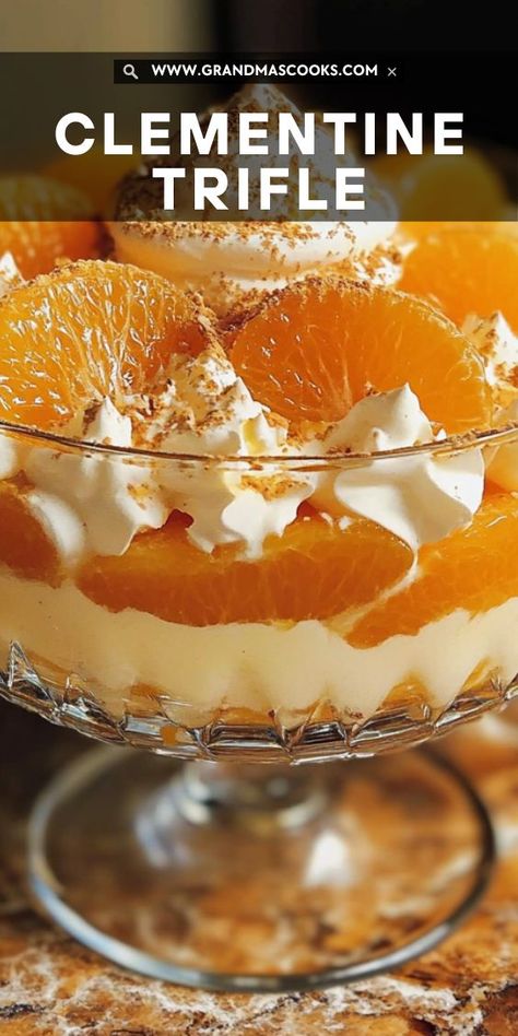 This Clementine Trifle offers a delightful twist on the traditional trifle! With juicy clementines, smooth custard, and delicate sponge cake, it's a light and tangy treat everyone will love this holiday season. Mandarin Orange Trifle, Fresh Fruit Trifle, Cranberry Coconut Trifle, Recipes With Clementines, Clementine Dessert Recipes, Lemon Trifle Recipes, Easy Trifle Desserts, Orange Trifle Recipes, Traditional Trifle