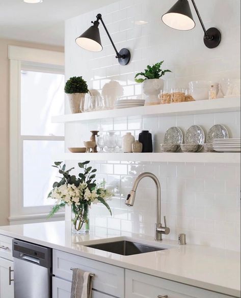 White Shelves Kitchen, White Kitchen Shelves, Kitchen Renovation Inspiration, Open Plan Kitchen Dining Living, Shed Decor, Kitchen Shelf Decor, Open Plan Kitchen Dining, Kitchen Dining Living, Sophisticated Look