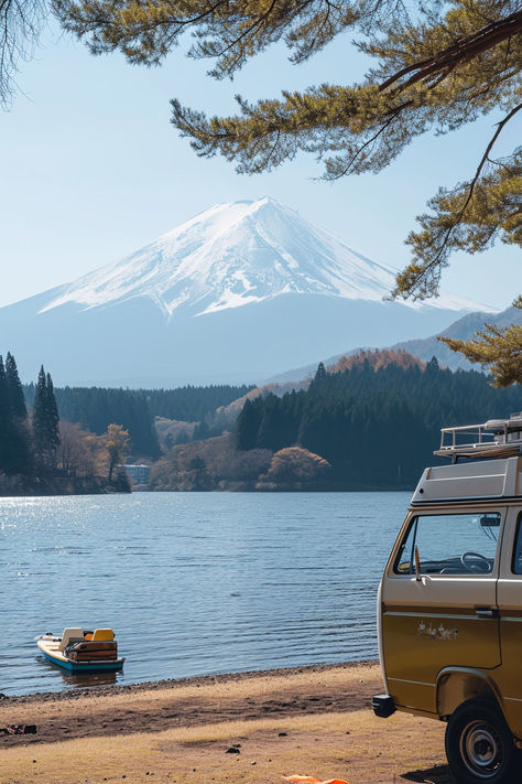 Mount Fuji, lakeside view, camper van, pedal boat, tranquil scenery, snow-capped mountain, travel Japan, iconic landscape, outdoor adventure, recreational vehicle, nature tourism, shimmering water, serene lake, autumn trees, Japanese beauty, camping trip, van life, majestic Fuji, clear skies. Japan Moodboard, Gunung Fuji, Living The Best Life, Mount Fuji Japan, Pedal Boat, Fuji Mountain, History Project, Japanese Photography, Yamanashi