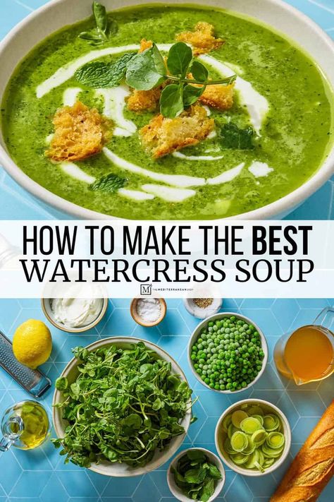 Minty, bright green watercress soup with spring peas and mint. Plus learn about watercress' benefits, what is watercress, and how to use it. Watercress Benefits, Mediterranean Soup Recipes, Recipe With Peas, Watercress Recipes, Veggie Soup Recipes, Watercress Soup, Spring Peas, The Mediterranean Dish, Mind Diet