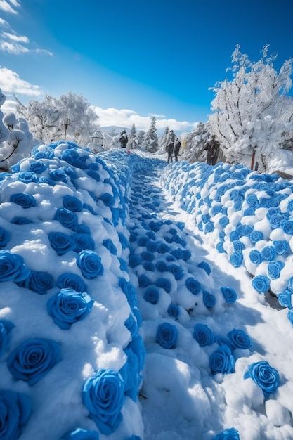 A snow covered path with blue roses in t... | Premium Photo #Freepik #photo #cold #winter-wonderland #winter-snow #winter Snow And Flowers, Blue Aesthetic Winter, Roses In Snow, Snowy Flowers, Flowers In Snow, Icy Aesthetic, Frozen Roses, Flowers In The Snow, Frozen Flowers