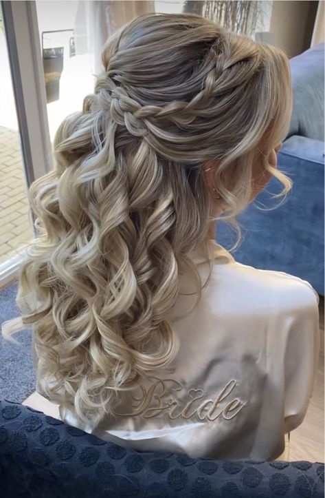 Straight Hairstyles For Long Hair Half Up Prom Fishtail Braids, Bride Hairstyles With Long Sleeve Dress, Bride Hair With Clip, Hair Up Half Down Prom Hair, Some Up Some Down Wedding Hair, Bridal Braid Half Up Half Down, Half Up Half Down Special Occasion Hair, Braid Wedding Hairstyles Half Up, Long Wedding Hair Bridesmaid