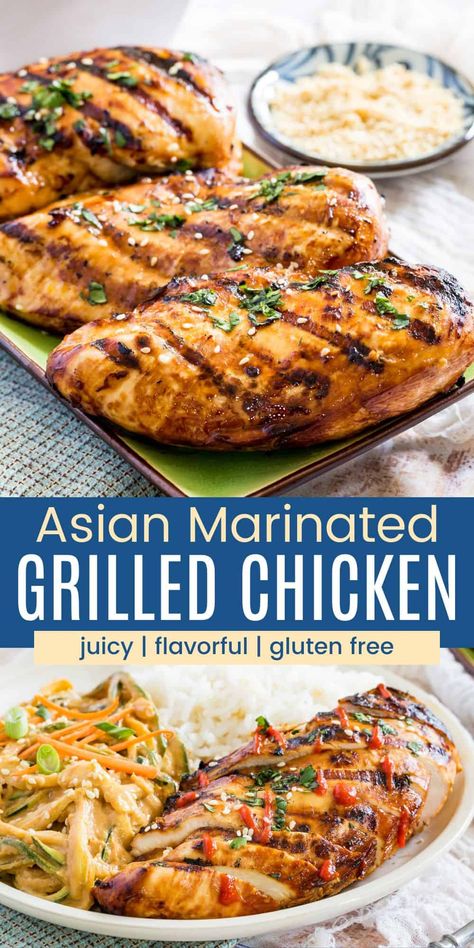 Looking for a show-stopping grilled chicken recipe? Our Asian Grilled Chicken is a winner! Juicy chicken breasts marinated in a mouthwatering blend of soy sauce, honey, lime, garlic, and ginger, resulting in a sweet and sticky glaze that will have you reaching for seconds. Best of all, one simple swap makes it gluten-free! Asian Grilled Chicken Recipes, Chicken Breast Marinade For The Grill, Chicken Marinade For The Grill, Asian Chicken Marinade, Asian Grilled Chicken, Grilled Chicken Seasoning, Asian Marinade For Chicken, Best Grilled Chicken Recipe, The Best Grilled Chicken