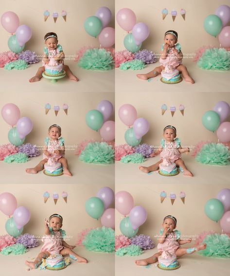 Sweet One Birthday Photoshoot, Ice Cream Smash Cake, Pastel Cake Smash, Birthday Photo Ideas, 1st Year Cake, Ice Cream Party Theme, Cake Smash Theme, Baby Birthday Photoshoot, Photography Birthday