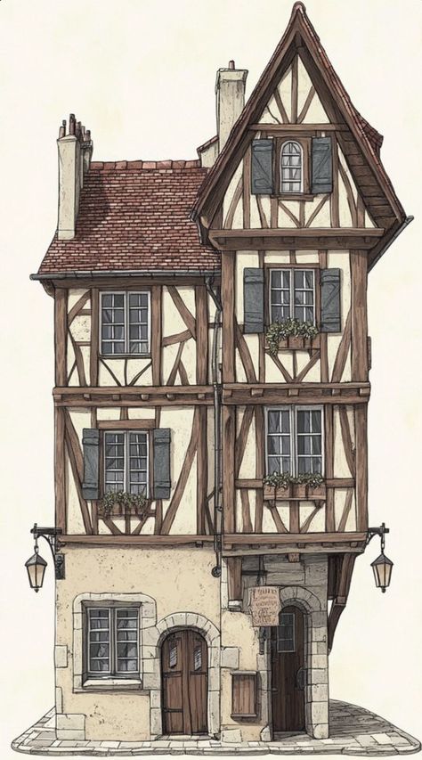 Medieval Russian Architecture, Medieval French Village, Colorful Buildings Painting, Buildings Reference Drawing, Rustic House Concept Art, Bloxburg Midevil House, Medieval Buildings Architecture, Small Castle Exterior, Architecture Simple Drawing