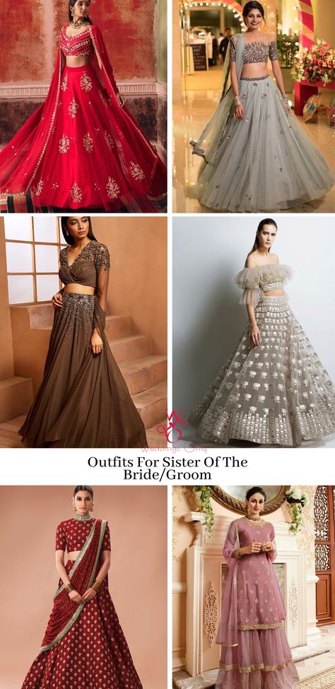 Indian Outfits For Sisters Wedding, Lehnga Designs For Brother Wedding, Types Of Indian Wedding Outfits, Wedding Outfits For Sister Of Groom, Designer Lehenga For Brother Wedding, Brother Reception Dress For Sister, Brothers Reception Outfit For Sister, Wedding Look For Groom Sister, Lehenga Designs For Brothers Wedding