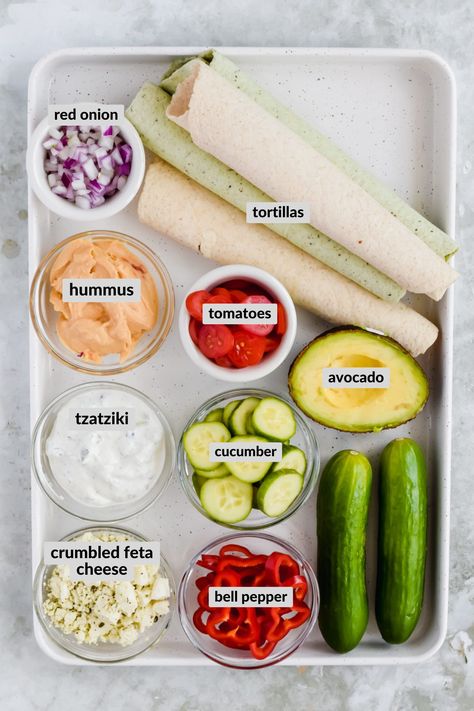 Cucumber Hummus Wrap, Tzatziki Wrap Vegetarian, Healthy Hummus Wraps, Hummus Wrap Recipe Lunch Ideas, Tortilla Hummus Wraps, Veggie Wrap With Hummus, Mediterranean Veggie Wrap, Hummus And Veggie Wrap, Mediterranean Lunchable