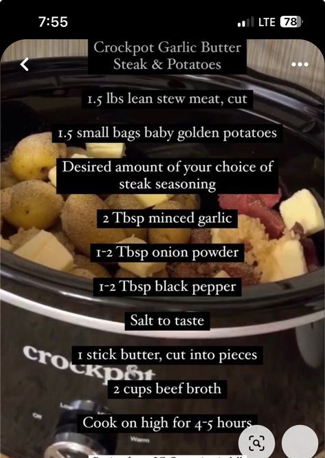 Slow Cooker Recipes Steak And Potatoes, Garlic Butter Steak And Potatoes Crock, Easy Crockpot Recipes Steak, Easy Crockpot Recipes 4 Hours, Meat Potatoes Crockpot, 9 Hour Crockpot Recipes Dinners, Butter Beef And Potatoes Crock Pot, Crockpot Garlic And Steak Potatoes, Lite Crockpot Meals