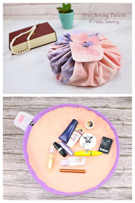 Fabric Drawstring Makeup Bag Free Sewing Pattern | Fabric Art DIY Round Drawstring Bag Pattern, Travel Makeup Bag Sewing Pattern, Round Makeup Bag, Drawstring Makeup Bag Pattern Free, Drawstring Makeup Bag Diy, Makeup Bag Free Pattern, Drawstring Bag Pattern Free, Makeup Pouch Pattern, Makeup Bag Sewing Pattern