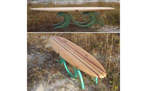 15 Awesome DIY Projects You Can Do With Your Old Sur... Decoration Surf, Surfboard Table, Deco Surf, Deco Nature, Surfboard Art, Surf House, Surf Art, City Furniture, Tiki Bar