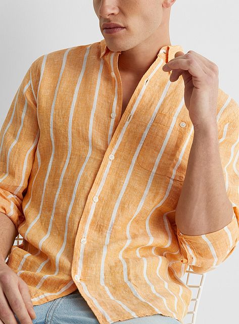 Recycled Dress, Modern Mens Fashion, Patterned Shirts, Striped Linen Shirt, Linen Shirts, Shirts For Men, Striped Linen, Pure Linen, Shirt Pattern