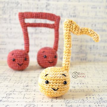 Musical Notes Free Crochet Pattern By Elisa's Crochet Music Note Amigurumi, Crochet Musical Instruments, Crochet Music Notes Pattern Free, Music Amigurumi, Crochet Music Note, Crochet Notes, Cute Diy Crafts, Crochet Music, Crochet Geek