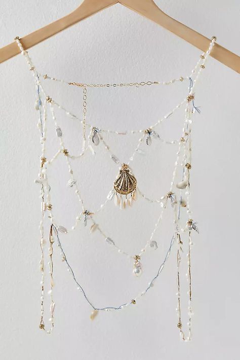 Fashion Jewelry | Boho Jewelry, Necklaces + More | Free People Mermaid Body Jewelry, Shell Accessories Diy, Sea Jewelry Aesthetic, Sea Shell Jewelry Aesthetic, Shell Clothes, Beaded Body Chain, Pearl Waist Chain, Chain Body Harness, Pearl Body Chain