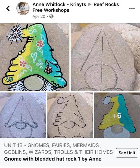 Painting Gnomes On Rocks, Rock Painting Gnomes, How To Paint A Gnome Step By Step, How To Paint A Gnome, Easy Gnome Drawing, Gnome Rock Painting Ideas, Gnomes Painted On A Rock, Gnome Stone Painting, Family Of Gnomes Painting