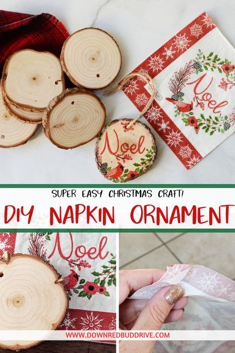 Napkin Ornaments, Decoupage Ornaments, Christmas Diy Kids, Christmas Crafts To Sell, Napkin Decoupage, Wood Slice Ornament, Easy Christmas Crafts, Holiday Crafts Christmas, Christmas Ornaments Homemade