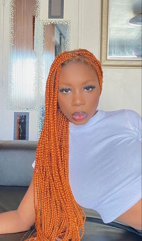 #orange #boxbraids #braids #braidstyles #braidedhair #braidedhairstylesforblackwomen #aesthetic #art Ginger Box Braids With Blonde, Orange Hair Black Women Braids, Burnt Orange Box Braids, Orange Braids For Black Women, Orange Box Braids, Yellow Braids, Orange Braids, Braids Blonde, Braid Wigs