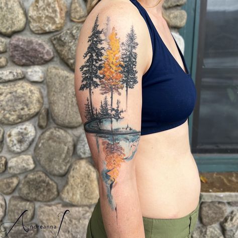 Andreanna Iakovidis Tamarack Pine Tree Forest Watercolor Tattoo Lake PLacid NY Los Angeles CA Fall Trees Tattoo, Aspen Tree Tattoo, Watercolor Tree Tattoo, Keys Tattoo, Evergreen Tattoo, Aspen Trees Tattoo, Birch Tree Tattoos, Maple Tree Tattoos, Trees Tattoo