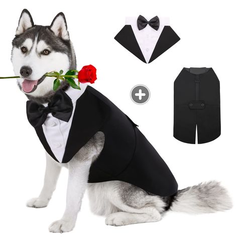 AOFITEE Dog Tuxedo Formal Dog Suit and Bandana Set, Gentle Dog Wedding Party Suit Bow Tie Shirt Vest, Pet Tuxedo Costume Outfit with Detachable Bowtie Collar for Christmas Halloween Dress Up (As an Amazon Associate I earn from qualifying purchases) Formal Dog, Silly Kitties, Large Dog Clothes, Mini Pinscher, Dog Tuxedo, Dog Suit, Dog Business, Bow Shirt, Bow Shirts