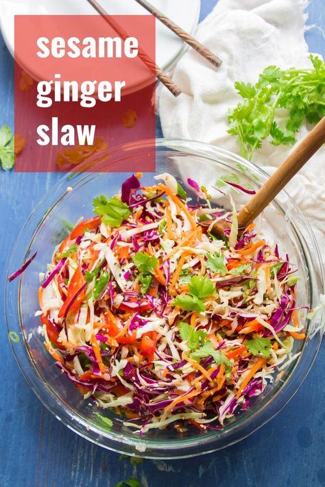 This zesty Asian slaw is packed with flavor and whips up in minutes! You need to make this show-stopping side dish at your next summer cookout. A show-stopping side dish that's naturally vegan, vegetarian, and gluten-free! Ginger Slaw, Asian Slaw Recipe, Slaw Salad, Asian Coleslaw, Sesame Ginger Dressing, Asian Slaw, Sesame Ginger, Vegan Side Dishes, Slaw Recipes