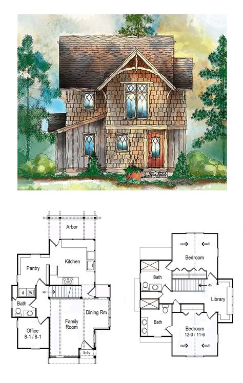 These are the changes I would make to this charming little plan. I need the kitchen in the back to open up to the garden. Since I would live here rather than using it for holidays, I would need bigger bedrooms. The downstairs rooms would become a pantry and an office, and the upstairs rooms would be roomier bathrooms. I would close in the vaulted ceiling for a second bedroom. With the office downstairs, I wouldn’t need a desk in the library area, leaving room for bookshelves and a window seat. Witches Cottage, Dream Cabin, Cottage Floor Plans, Two Story House Plans, Two Story House, Sims 4 House Plans, Leaving Room, Vintage House Plans, Sims 4 House Design