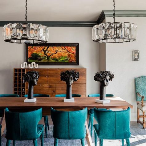 Eclectic Pictures | HGTV Photos Turquoise Dining Chairs, Turquoise Dining Room, Turquoise Cabinets, Turquoise Chair, Teal Curtains, Family Dinner Table, Blue Velvet Chairs, Blue Chairs, Eclectic Dining Room