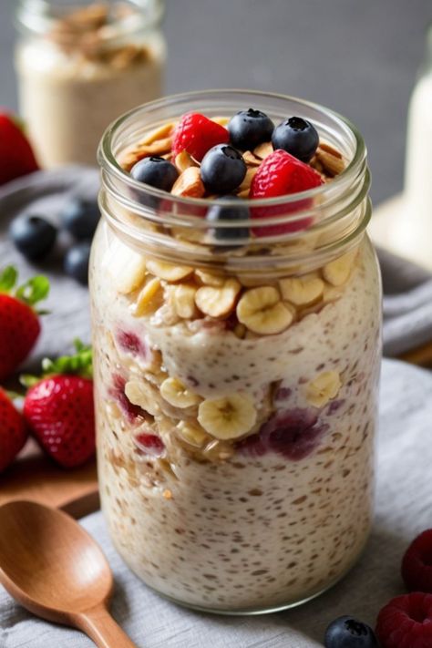 A jar of creamy overnight oats topped with fresh fruit and nuts, a perfect grab-and-go breakfast option. 🥣✨#OvernightOats #HealthyBreakfast #EasyMealPrep #QuickAndHealthy #OatmealLovers #BreakfastIdeas Healthy Mealprep Breakfast, Over Night Oats Healthy, Mealprep Breakfast, Meal In A Jar, Oats Milk, Over Night Oats, Night Oats, Quick Easy Dinners, Breakfast Oats Overnight