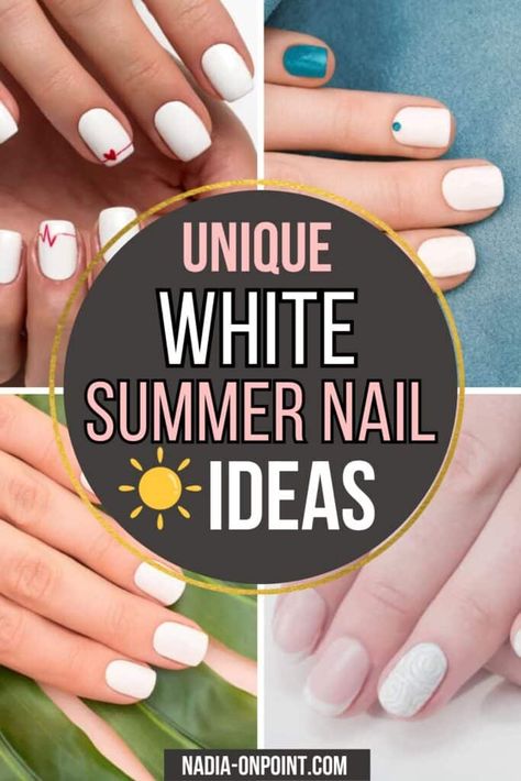 White Summer Nails: Chic White Nail Designs to Try White Acrylic Summer Nails, Nail Ideas With White Base, Summer White Nails Ideas, Summer Nail 2024 Trends White, White Fingernail Polish Ideas, White Summer Nails Short, White Beach Nails Vacation, White Nails For Vacation, White Nails Vacation