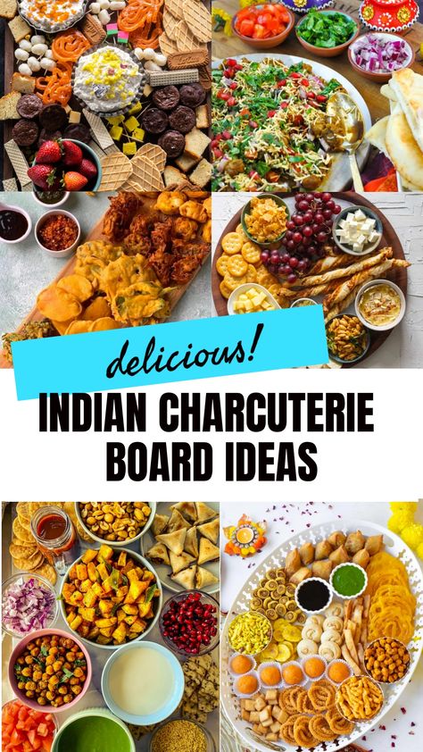 Step up your hosting game with these creative Indian charcuterie board ideas! Impress your guests with a spread of flavorful appetizers featuring a mix of traditional Indian snacks and modern charcuterie elements. From spicy samosas to tangy chutneys, this unique twist on a classic charcuterie board is sure to be a hit at your next gathering. Elevate your culinary skills and bring a taste of India to your party with these delicious and visually stunning Indian charcuterie board ideas! Indian Party Decorations Ideas, Indian Fusion Party Food, Indian Food With A Twist, Diwali Party Hosting Ideas, Indian Snack Platter Ideas, Charcuterie Board Indian Food, Party Food Platters Indian, Indian Catering Food Displays, Pani Puri Charcuterie Board