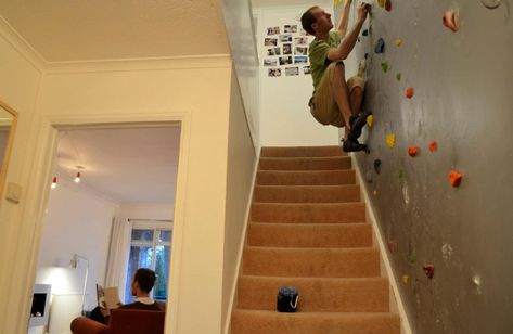 fun exercises in your home without buying exercise equipment or going to a gym -- see how far you can go climbing the wall as every day you get a little bit stronger. Awsome! would be fun for the basement, or side of the house Home Climbing Wall, Rock Climbing Wall, Stair Case, Take The Stairs, Renovation Design, Climbing Wall, A Living Room, Cool Stuff, Rock Climbing