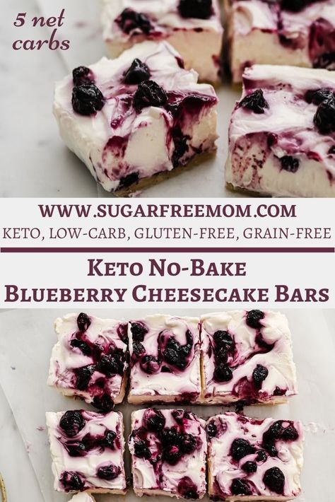 No-Bake Keto Sugar Free Blueberry Cheesecake Bars Keto Blueberry Cheesecake, Low Carb Blueberry, No Sugar Desserts, Blueberry Cheesecake Bars, No Bake Blueberry Cheesecake, Low Carb Cheesecake Recipe, Keto Blueberry, Sugar Free Cheesecake, Postre Keto