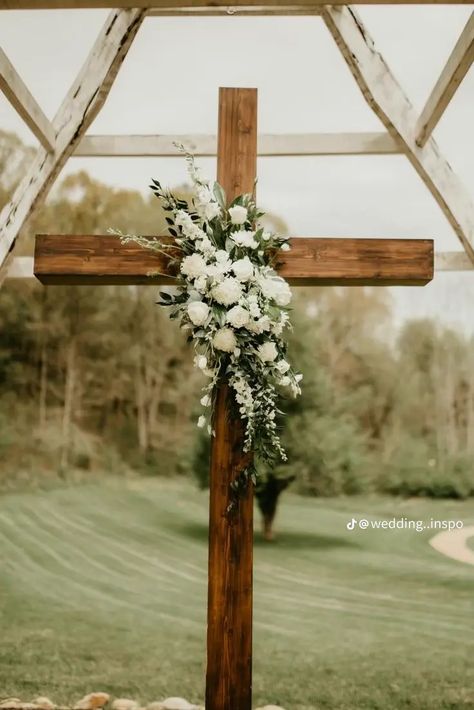 Cross At End Of Aisle, Alter Cross For Wedding, Cross Wedding Backdrop Outdoor Ceremony, Cross At Wedding Ceremony, Wedding Cross Backdrop, Cross Decorations For Wedding, Cross Backdrop Wedding, Wooden Cross Wedding Ceremony, Cross Arbor Wedding