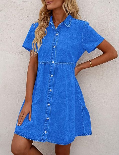 Jean Shirt Dress, Western Style Shirt, Denim Short Dresses, Jean Dress, Denim Shirt Dress, Crewneck Dress, Short Sleeve Mini Dress, Shirt Dresses, Dresses Short