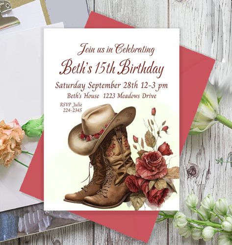 Country Western Birthday Invite, Cowboy Boots, Roses Invite, Editable Invite, 5x7 Editable Party Invite, Printable Country Party Invitations, Country Party, Western Birthday, 15th Birthday, Country Western, Party Invite Template, Editable Invitations, Digital Invitations, Etsy Printables