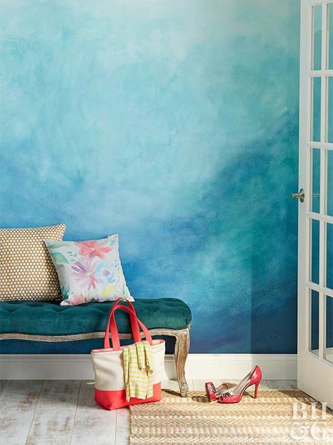 A fresh coat of paint can work wonders for a wall. But sometimes you need a little more pizzazz. These fresh ideas for wall treatments—like using reclaimed wood, painting an ombre pattern, or installing a mural—are guaranteed to liven up your space. Ombre Wall, Wall Painting Techniques, Escalier Design, Diy Wand, Wall Paint Designs, Living Room Paint, Room Paint, New Wall, Wall Treatments