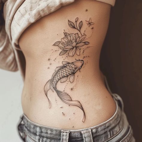 Fish Tattoos For Women, Koi Fish Tattoo For Women, Coy Fish Tattoos, Koi Fish Tattoos, Side Stomach Tattoos, Tattoo Koi, Colour Tattoo For Women, Bird Tattoos For Women, Koi Tattoo Design