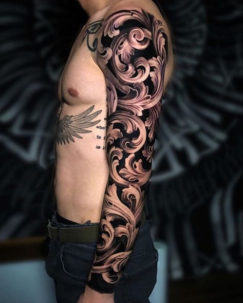 filigree tattoo Baroque Tattoo, Voll Arm-tattoos, Scroll Tattoos, Mangas Tattoo, Filigree Tattoo, Full Sleeve Tattoo Design, Tattoo Board, Men Tattoos Arm Sleeve, Greek Tattoos