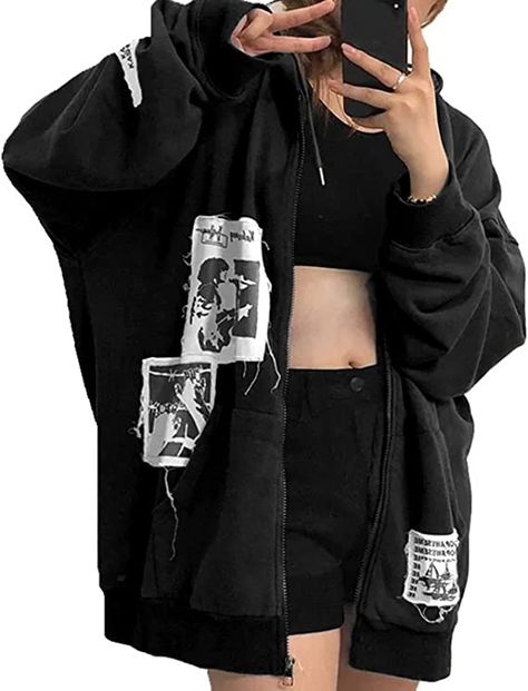 Aesthetic Clothes Grunge, Grunge Aesthetic Clothes, Grunge Sweatshirt, Punk Hoodie, Black Graffiti, Grunge Jacket, Harajuku Sweatshirt, Retro Coat, Spring Hoodie