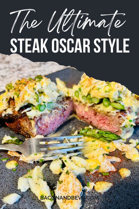 Oscar style steak Oscar Topping For Steak, Oscar Style Steak Recipe, Steak Oscar Recipe, Filet Oscar Recipe, Oscar Sauce For Steak, Baseball Steak Recipe, Steak Oscar With Crab Bearnaise Sauce, Carpetbagger Steak, Steak Oscar With Crab