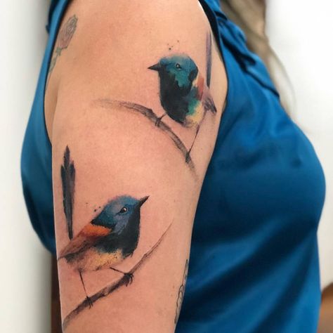 Watercolor blue wren birds on the upper arm. Feather Tattoo Arm, Ma Tattoo, Blue Wren, Fairy Wren, Tatoo Inspiration, Watercolor Tattoo Flower, Cloud Tattoo, Watercolor Tattoos, Upper Arm Tattoos