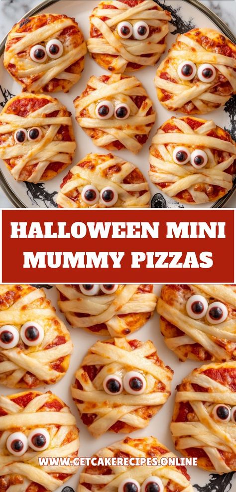 Mini Mummy Pizzas perfect for Halloween brunch or dinner, fun and spooky food idea for kids, featuring easy-to-make Halloween pizzas with a festive twist. Halloween Brunch Party, Halloween Brunch Ideas, Halloween Food For Kids, Halloween Pizzas, Halloween Brunch, Mummy Pizza, Creative Treats, Halloween Pizza, Halloween Food Dinner