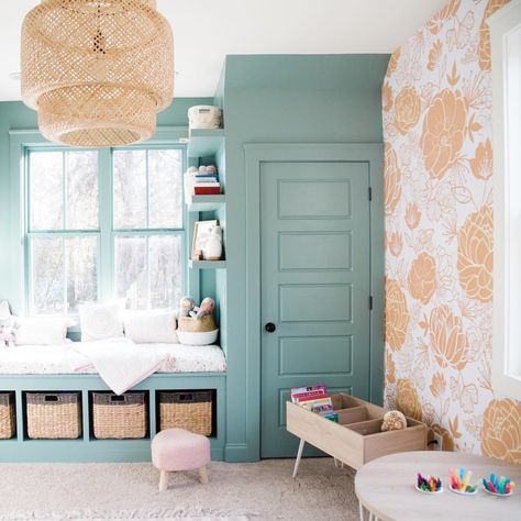 Well, this playroom (and that wallpaper!) is making us seriously HAPPY today 🧡. Use code 'SPRINGFLING' for 15% off our springtime… Sunset House, Window Seat Storage, Playroom Wallpaper, Girls Rooms, Playroom Design, Kids Room Inspiration, Playroom Ideas, Project Nursery, Big Girl Rooms