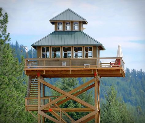 Lookout Tower Cabin Watch Tower House, Fire Watch Tower, Fire Watch, Fire Lookout, Alternative Housing, Small Log Cabin, Outdoor Structure, Montana Homes, Cool Tree Houses