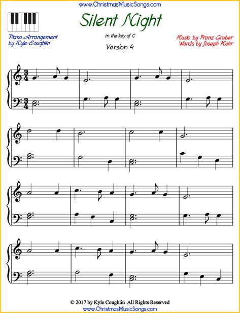 Silent Night intermediate piano sheet music. Free printable PDF at www.ChristmasMusicSongs.com #pianomusic #pianosheetmusic #christmasmusic #silentnight Silent Night Recorder Notes, Silent Night Piano Easy, Silent Night Guitar Tab, Oh Holy Night Sheet Music, Silent Night Sheet Music, Moonlight Sonata Sheet Music, Christmas Piano Sheet Music, Piano Sheet Music Beginners, Popular Piano Sheet Music