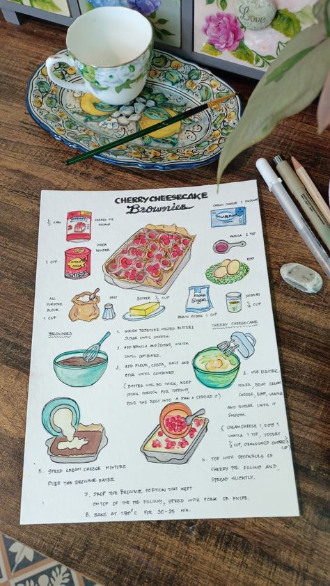 Cherry Cheesecake Brownies Recipe 🍒🧀🍫 Cherry Cheesecake Brownies, Cartoon Recipe, Cookie Drawing, Cheesecake Brownies Recipe, Homemade Recipe Books, Recipe Book Design, Belgian Food, Recipe Book Diy, Homemade Cookbook