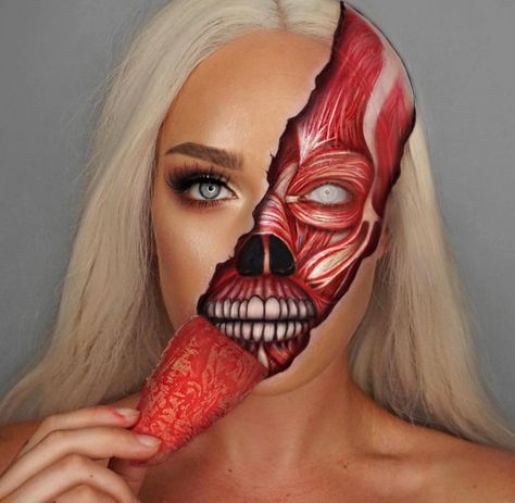 Skeleton Face Makeup, Maquillage Yeux Cut Crease, Holloween Makeup, Creepy Halloween Makeup, Face Paint Makeup, Face Art Makeup, Amazing Halloween Makeup, Halloween Makeup Scary, Horror Makeup