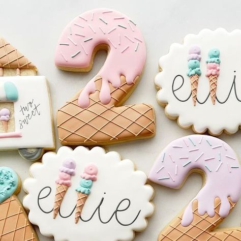 Ashley | Spokane Sugar Cookies on Instagram: "Dreaming of summer days filled with extra daylight, sunshine, ice cream cones, and adventures. Also, it’s the custom made color corresponding sprinkles, for me. . . #icecreamcookies #icecreamconecookies #summercookies #summertime #customcookies #decoratedsugarcookies #spokanecookies #spokane #bradyladybakery" Two Sweet Party 2nd Birthday Cookies, Ice Cream Shaped Cookies, Second Birthday Ice Cream Theme, Ice Cream Themed Cookies Decorated, Ice Cream Theme Party Food, Ice Cream Royal Icing Cookies, Ice Cream Birthday Cookies Decorated, Ice Cream Party Cookies, Ice Cream Decorated Cookies